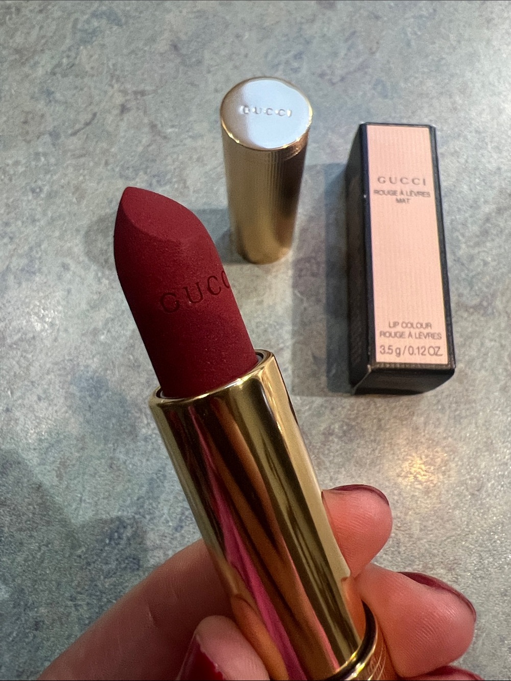 Gucci Matte Lipstick in Burgundy Red with Gold Case in shade Janie Scarlet 509